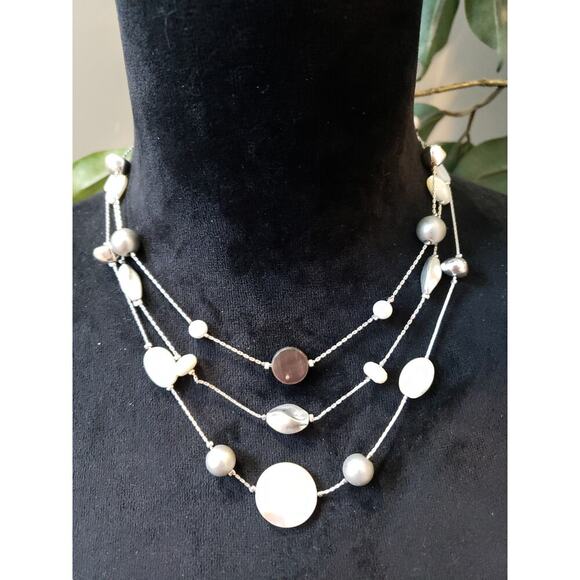 Womens 3 Strand Silver Tone Faux Pearl Abolan Shell Blister Pearl Bib Necklace - Picture 1 of 6